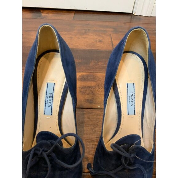 Prada Blue Suede Calzature Donna Lace-Up Platform Heels, Sz 7.5 (US) 37.5 (EU) - Picture 3 of 9
